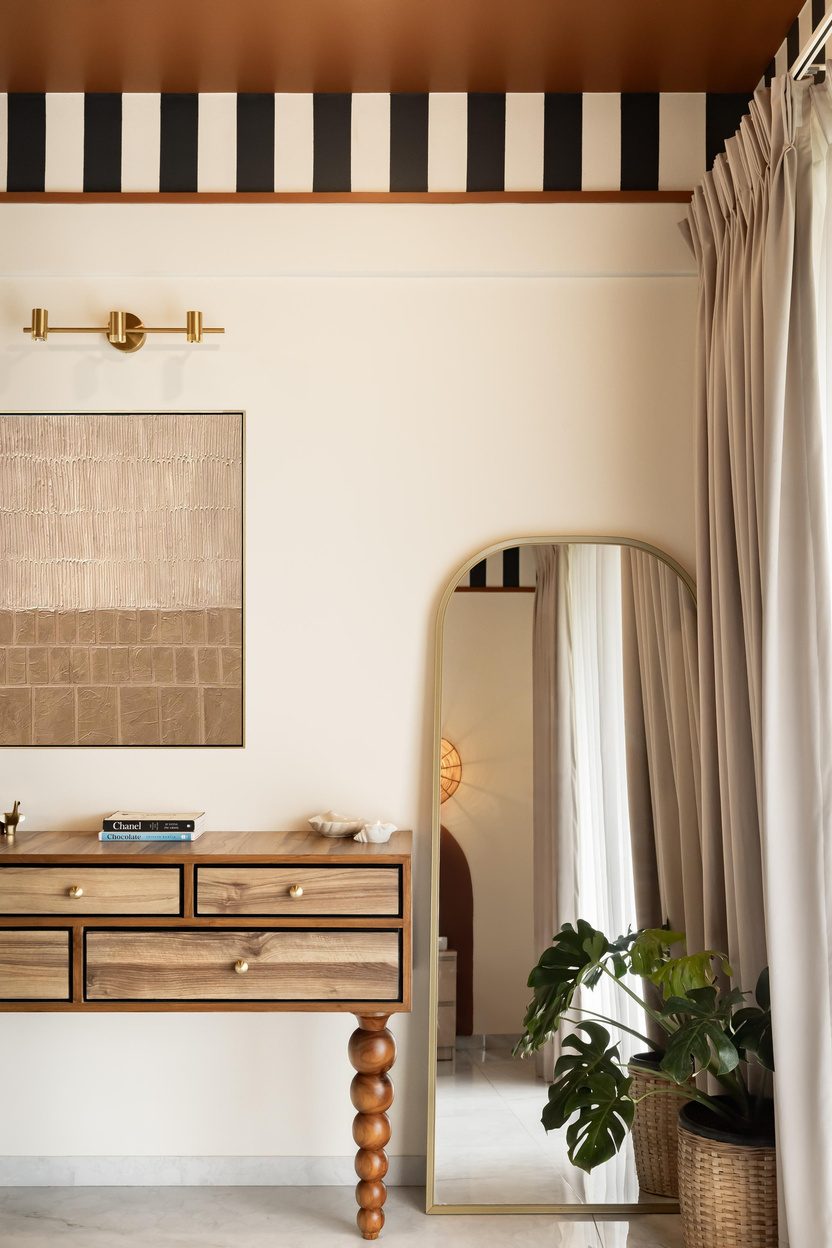 Dresser and arched mirror beneath a black-and-white striped ceiling