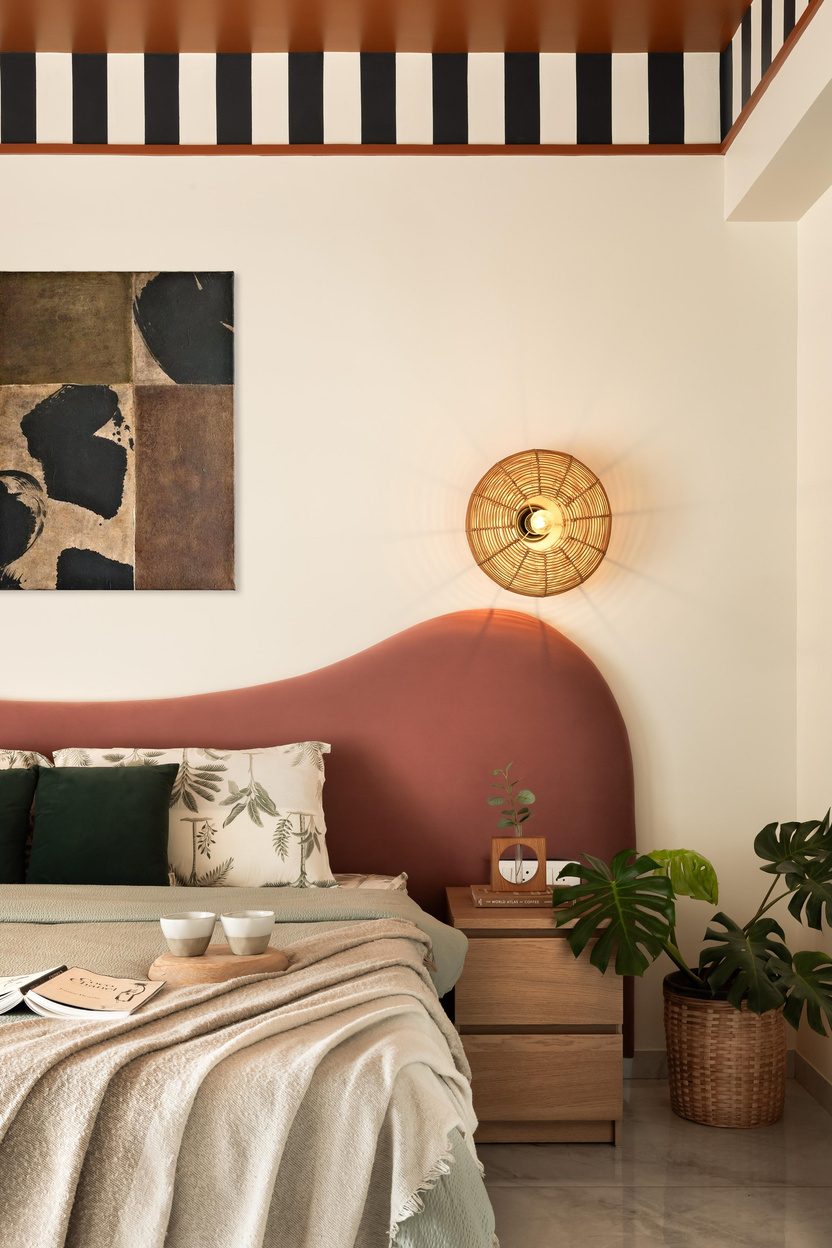 Bedroom with curved terracotta headboard wall and striped ceiling border