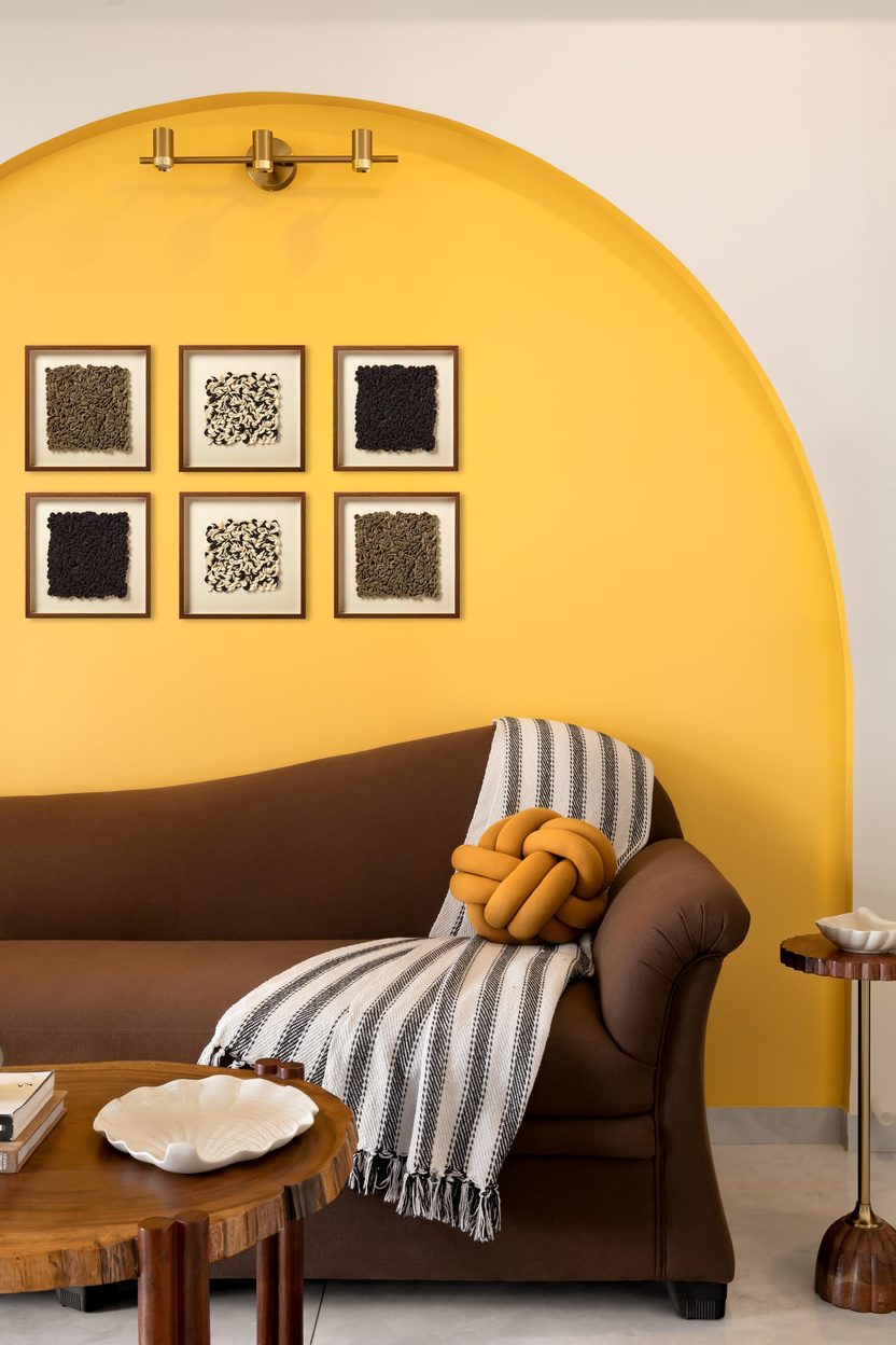 Bold yellow arch niche framing a brown sofa